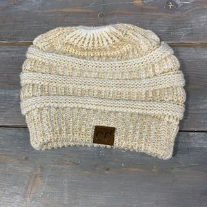 C.C Beanie Tale | Ivory & Gold Metallic Knit High Bun Ponytail Hat, Soft/Stretch